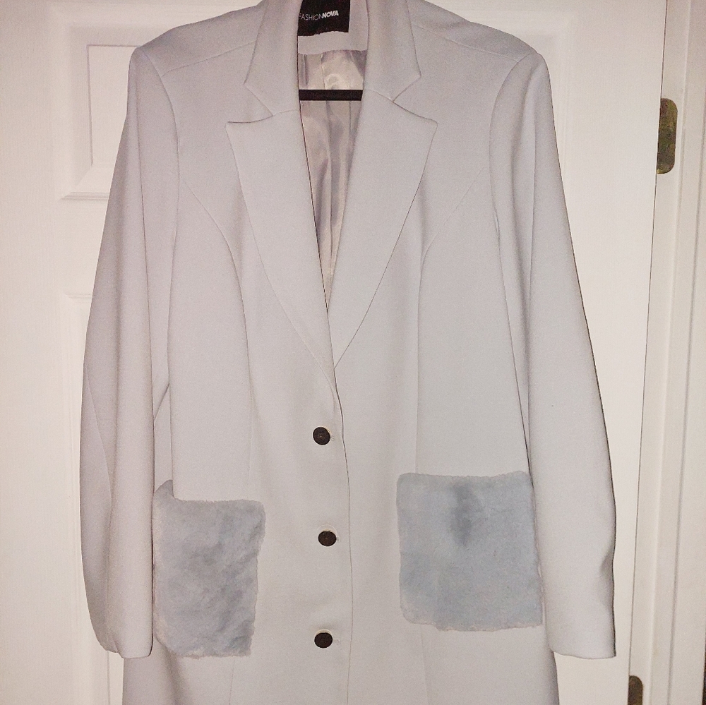 Fashion Nova Light Gray Blazer with Faux Fur Pockets